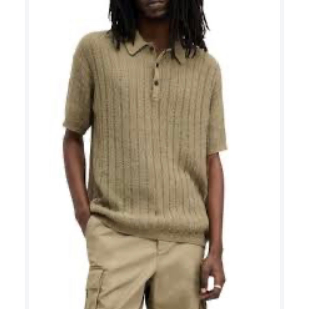 AllSaints Miller Short Sleeved Polo Shirt XL Open Knit Distressed Ladder Stitch